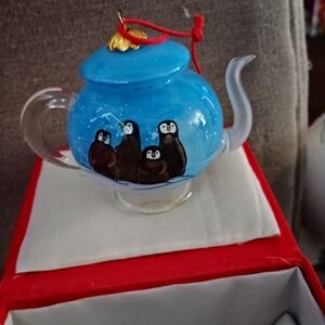 Blue Teapot Ornament with Penguin Design